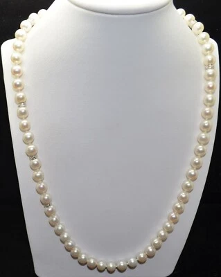 Sterling Silver Beautiful Simulated Pearl Necklace w/ CZ Accents #FMW318 - Image 1 of 3