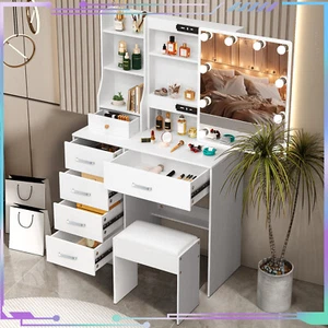 Makeup Table Set Vanity Dressing Desk Makeup Mirror w/ 10 LED Lights & 6-Drawer - Picture 1 of 9