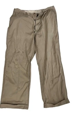 VTG 40s Mens Khaki Work Pants 34x27 Cotton Twill Gusseted Belt Loops Distressed - Image 1 of 4