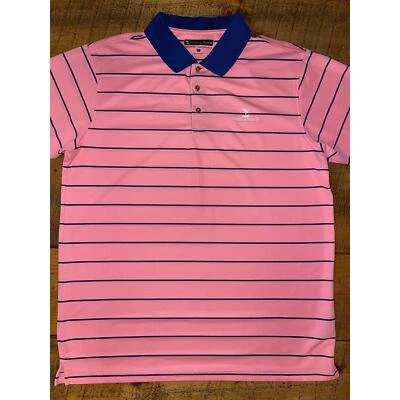 Mens Pebble Beach Drye-Luxe Performance Peach Navy Striped Golf Polo Shirt XL - Image 1 of 4