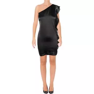 Mini abito donna AQUA nero raso festa festa taglia S, monospalla volant nuovo con etichette - Foto 1 di 8