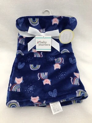Baby Starters Blue Kitty Cat Blanket Super Soft Plush Fleece Rainbow Lovey Heart - Image 1 of 4
