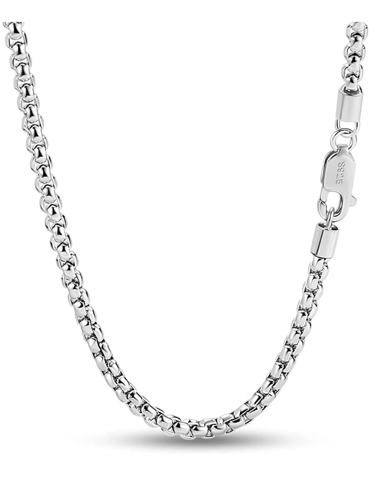 GENUINE SOLID 925 STERLING SILVER Round Box Link Chain Necklace 3MM Anti Tarnish Foto 1 de 1