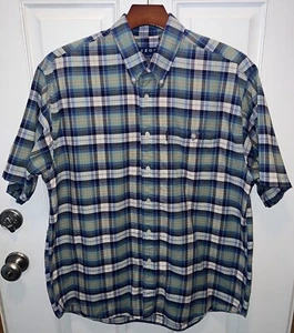 Izod Mens Cotton Short Sleeve Button Up Blue Green Plaid Casual Dress Shirt L - Picture 1 of 5