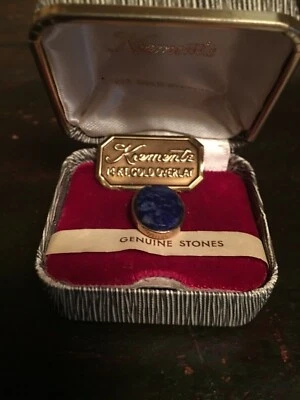 VINTAGE Krementz 14K YELLOW GOLD Overlay BLUE LAPIS  TIE TACK PIN iOriginal Box  - Image 1 of 4