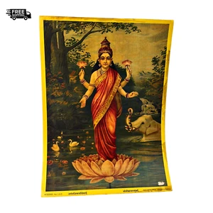 Rare Indian Mythological Raja Ravi Varma Re-print Art of Hindu Goddess Lakshmi - Picture 1 of 9