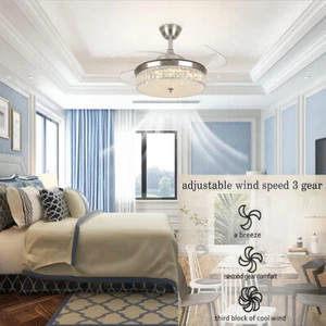 42" Invisible LED Ceiling Fan Light Crystal Retractable Chandelier Lamp W/Remote - Picture 1 of 17