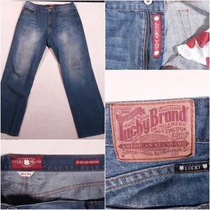 Men's Lucky Brand Long Inseam Size 36 Button Fly Medium Wash Factory Distressed - Picture 1 of 22