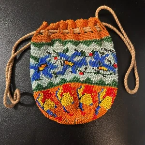 Antique Drawstring Victorian Micro Bead Bag Pouch Small Flower Design - Picture 1 of 7