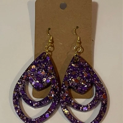 Handmade epoxy resin dangle earrings - purple and gold glitter - Image 1 of 4