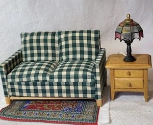 Dollhouse Miniature Green Checked Couch Living Room Set 1:12 Scale - Picture 1 of 4
