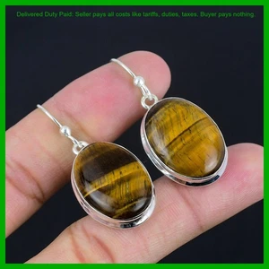 Weihnachtsverkauf Oval Tigerauge Edelstein Tropfen Ohrhänger Einfassung Ohrringe 925 Silber - Bild 1 von 6
