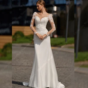 Abiti da sposa superficie raso pizzo applicato maniche lunghe abiti da sposa sirena - Foto 1 di 7