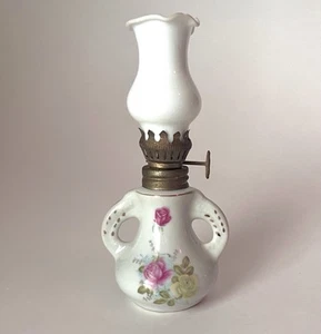 Vintage Miniature Victorian Porcelain Oil Lamp With Handles Floral White Chimney - Picture 1 of 12