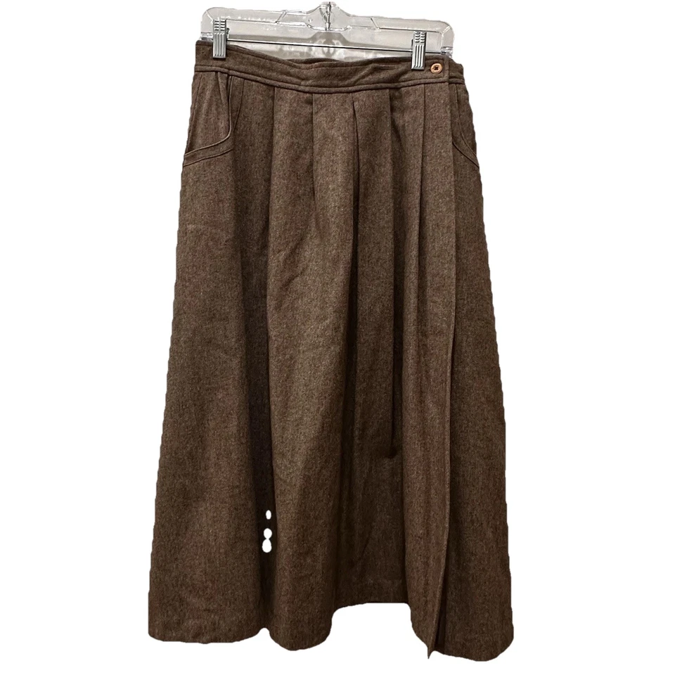 Falda Vintage Mezcla Lana Talla 14 Cintura Años 70 Taupe Estilo Envolvente Falda con Bolsillos Foto 1 de 4