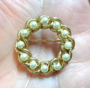 14K Gold Filled Stamped, PREMCO Signed, Imitation Pearls, Small Circular Vintage - Picture 1 of 2