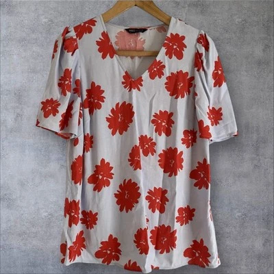 Marks & Spencer Pale Blue With Red Flowers V Neck top Size 12 C3 - Image 1 of 4