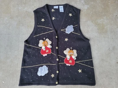 复古 Bobbie Brooks 女式 XL 黑色毛衣背心圣诞刺绣天使铃铛 — 第 1/4 张图片