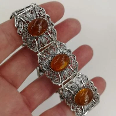 Vintage filigranes Damenarmband aus Silber und Bernsteinen - Bild 1 von 4