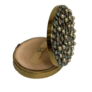Vintage K & K Kotler and Kopit Compact Mirror Powder Blue Rhinestone Pearls - Picture 1 of 13