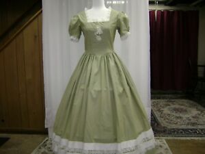 Victorian Day Gown Sage, Specialty Fabric, Ivory Laces & Faux Cameo Pin