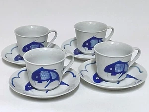 Set of 4 x Vintage Hand Painted Blue Koi Fish Cups & Saucers - Porcelain - Picture 1 of 11
