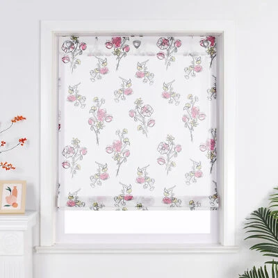 Transparent Raffrollo Blume Raffgardine mit Ösen Küche Gardine ohne Bohren Voile - Bild 1 von 4