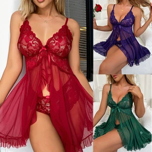 Set camicia da notte sexy donna pizzo lingerie scollo a V pigiama babydoll camicia da notte - Foto 1 di 18