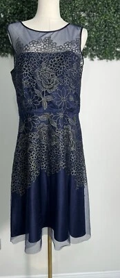 Tahari Arthur Levine Gold Floral Bodice Navy Blue Tulle Dress Size 14 Fit Flare - Image 1 of 4