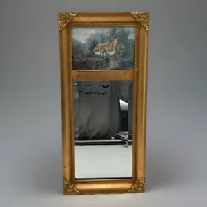 Specchio Trumeau stile federale con cornice color oro e dipinto firmato sopra - Foto 1 di 14