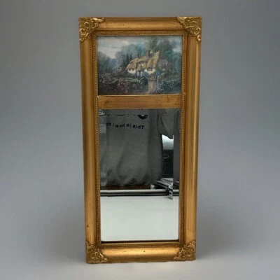 Espejo estilo federal Trumeau con marco dorado y pintura firmada arriba Foto 1 de 4