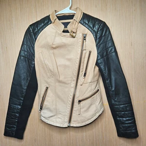 Zara Leather Biker Jacket Womens Size Small Black Camel Beige Side Zip Rare Moto - Picture 1 of 15