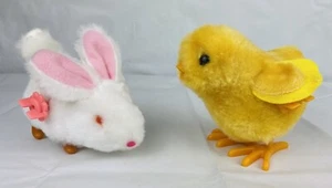 Vintage Easter 2pc Furry Wind Up Toys Hopping Chick Peep Bunny Rabbit WORKING - Picture 1 of 11