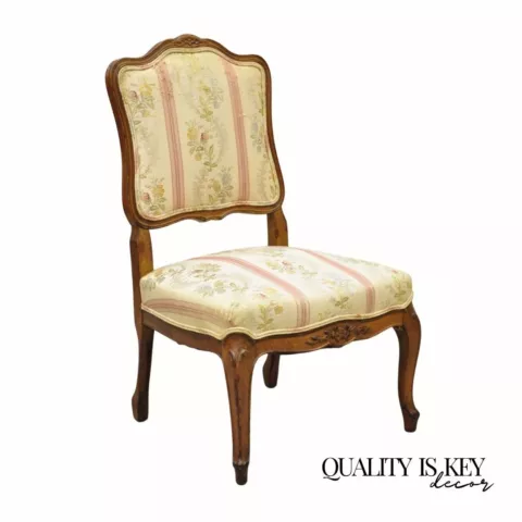 Vintage French Louis XV Style Small Boudoir Accent Side Chair w/ Pink Stripes Cover