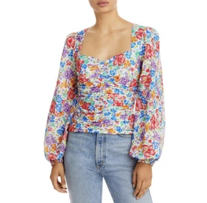 New Aqua Womans Sz XS White Floral Print Ruched Blouse Top Long Sleeve NWT - Picture 1 of 10