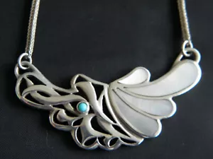 BEAUTIFUL SILVER NAVAJO MOTHER of PEARL & TURQUOISE STONE PENDANT NECKLACE - Picture 1 of 17