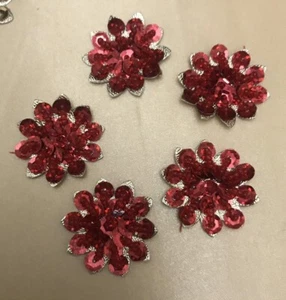 Pack Of 5 Gold RED Beaded Flower Motifs , Applique, Xmas (36mm Approx In Size) - Picture 1 of 2
