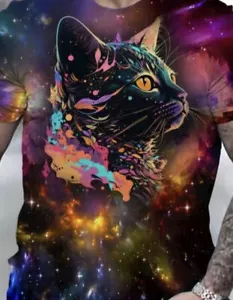 Unisex 3D Cat Digital Print Starry Sky Short Sleeve T Shirt Tops Casual - Picture 1 of 7
