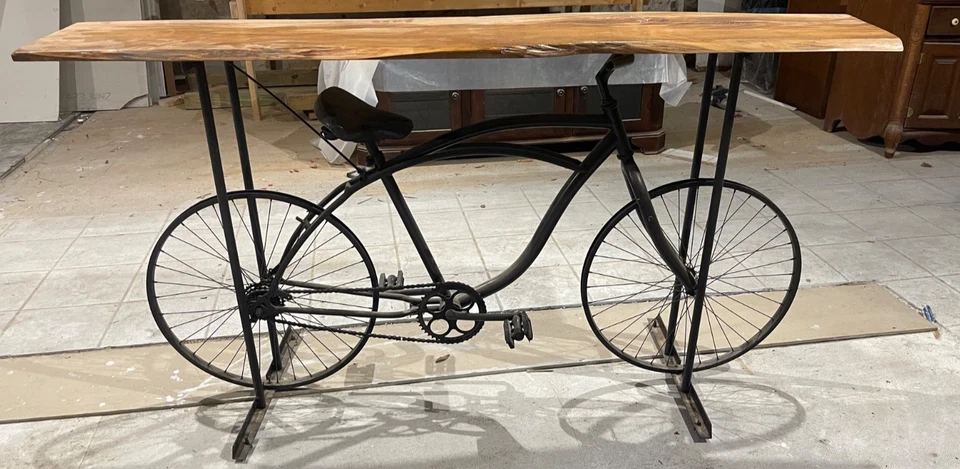 vintage beach cruiser bicycle console/entry table with live edge wooden tabletop - Image 1 of 4