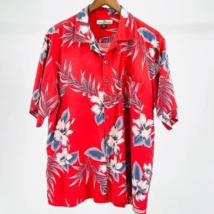 90s Tommy Bahama Silk Red Hibiscus Aloha Vacation Button Down Shirt - Picture 1 of 7