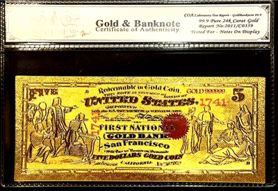 1870 $5 BILL UNITED STATES 24K GOLD BANKNOTE IN PROTECTIVE SLEEVE COA - Image 1 of 4