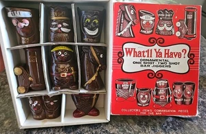 Set di 8 bicchieri ornamentali 1960 vintage "What'll Ya Have?" made in Japan nuovi con scatola - Foto 1 di 14