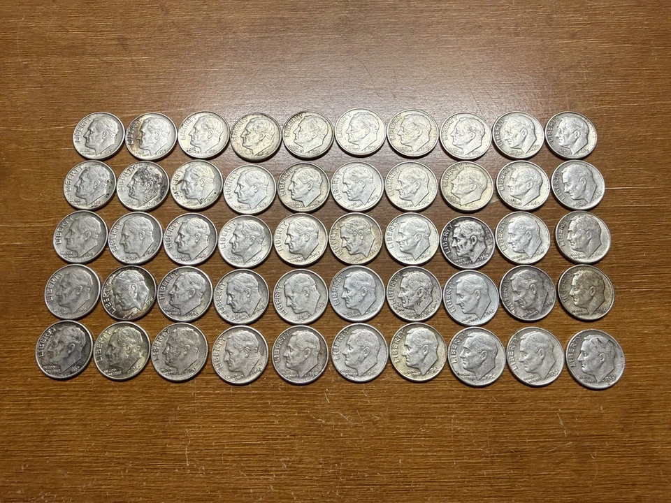 ROOSEVELT 90% SILVER DIMES FULL ROLL W/ DATES 1950-1964 P,D,S 50 US Coins - Image 1 of 1