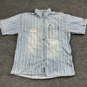VTG Bugle Boy Denim Short Sleeve Button Shirt Men's L Striped Distressed - Picture 1 of 10
