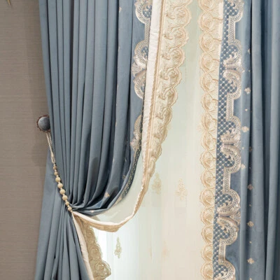 exquisite embroidery French velvet blue thick cloth blackout curtain drape C1769 - Image 1 of 4