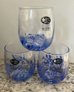 3 Murano White Crystal Blue Confetti Glass Stemless Wine Tumblers Made in Italy - Picture 1 of 5