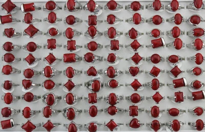 Venta al por mayor lotes mixtos 35 piezas anillos de mujer rojo piedra natural joyería plata anillo P Foto 1 de 4