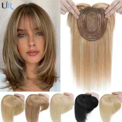 Toppers de cabello 100 % humano con pinzas de flequillo en postizos base de seda rubia Foto 1 de 4