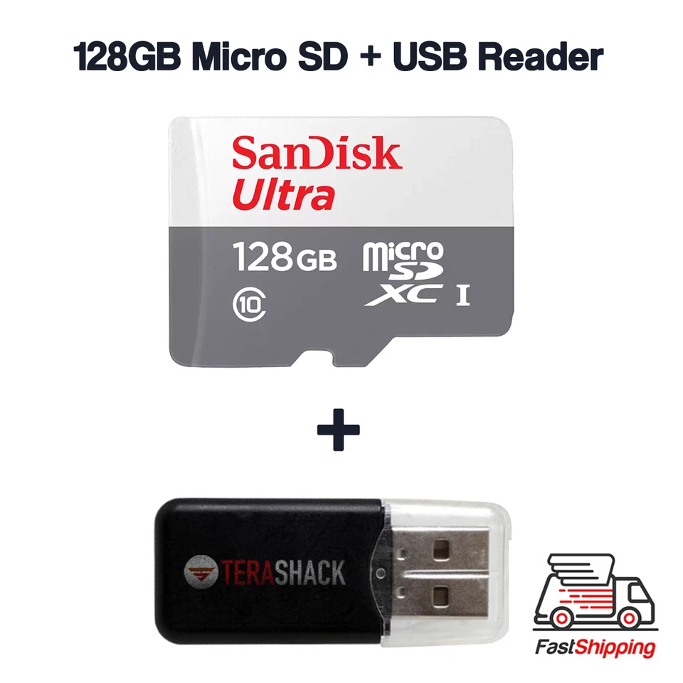SanDisk Micro SD Karte Ultra Speicher 128GB Class 10 TF SDXC Handy + USB Reader - Bild 1 von 1