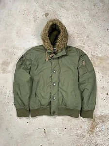 Vintage Y2K Faux Fur Flyers Khaki Bomber Jacket archive rare hooded - Picture 1 of 15